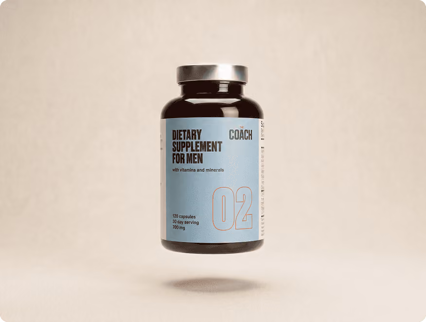 The Coach Formula 02 supplement bottle: capsules supporting blood flow and stronger erections