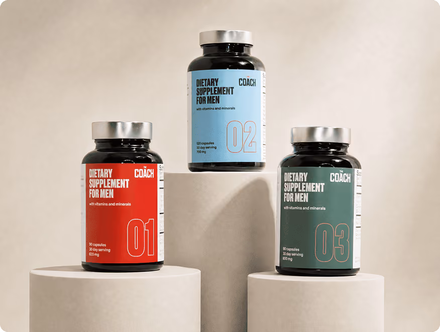 The Coach men's supplement line: Formula 01, 02 and 03 bottles