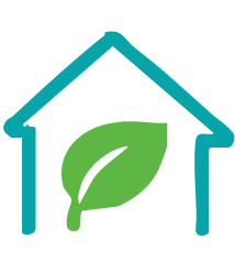 Icône de maison stylisée avec une feuille verte à l'intérieur symbolisant un habitat écologique.
