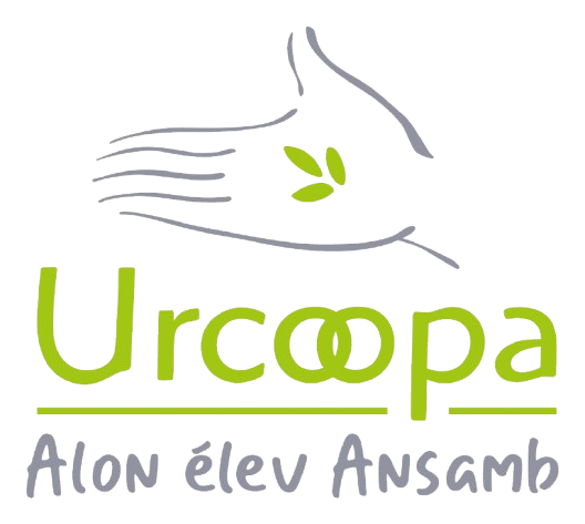 Logo Urcoopa avec une main stylisée tenant trois graines vertes et le texte « Alon élevé Ansam » en dessous.