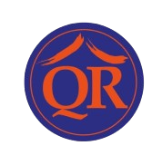 Logo QR en lettres orange sur un cercle bleu.