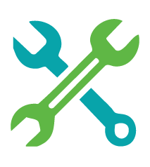 Icône de clé à molette verte et clé à cliquet bleue croisées.