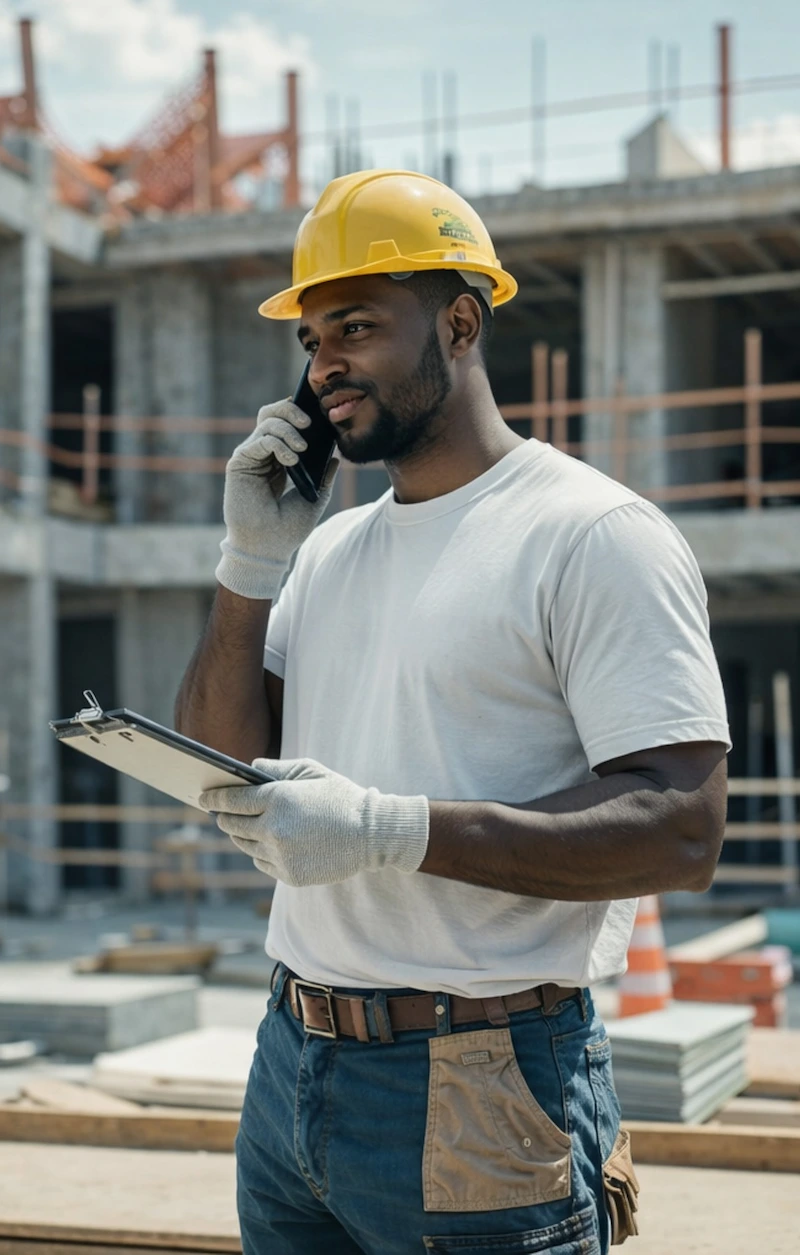 Ouvrier du BTP sur chantier contrôlant des travaux d’amélioration énergétique dans le cadre du dispositif CEE
