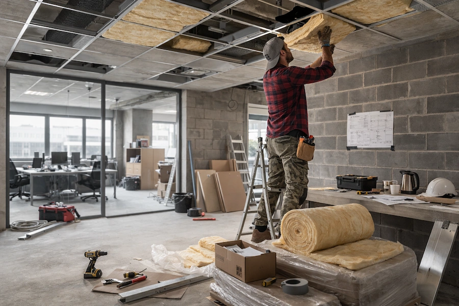 Ouvrier réalisant des travaux d’isolation thermique dans les combles d’un bâtiment