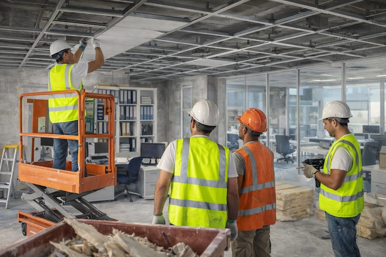 Quatre ouvriers de chantier en gilets réfléchissants et casques travaillent à l'installation d'un plafond suspendu dans un bureau en rénovation.