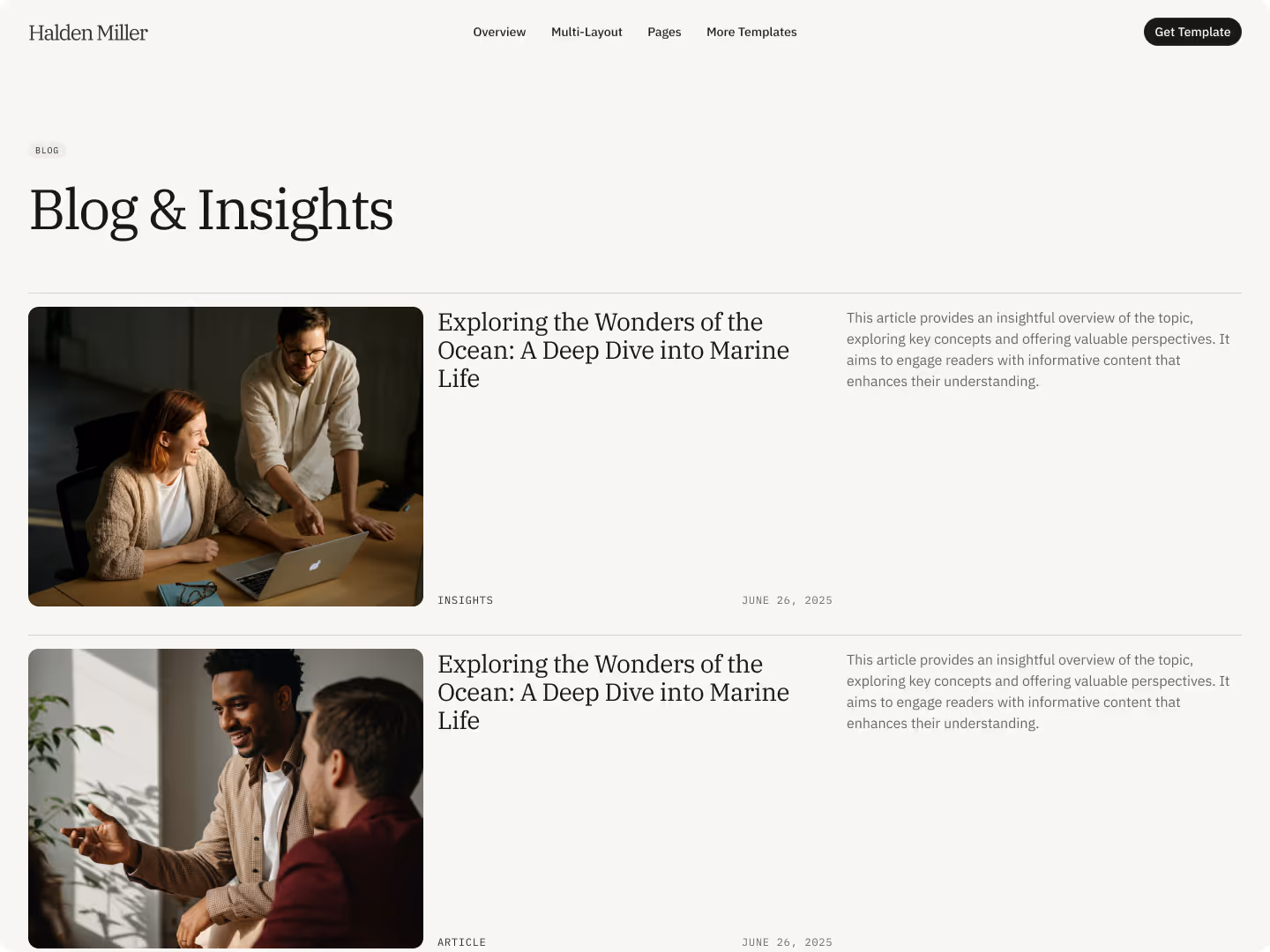 Blog layout highlighting multiple posts with featured images and short excerpts.