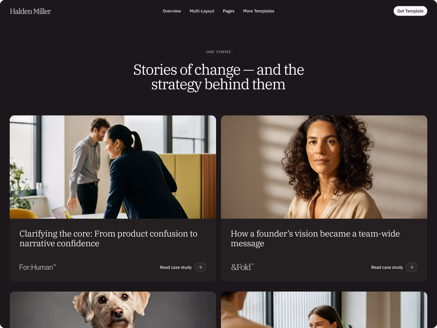 Case studies page displaying project thumbnails and short descriptions in a grid layout.