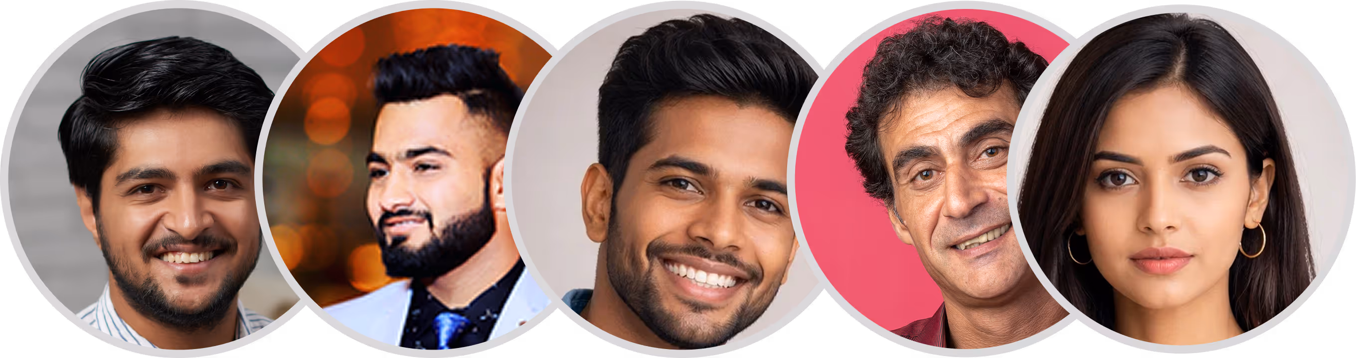 Five diverse people smiling in circular portraits with various backgrounds.