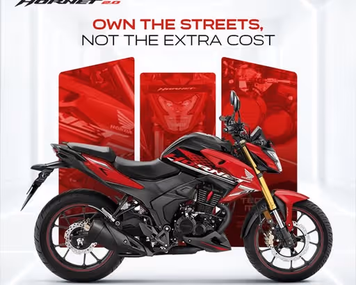 Red and black Honda Hornet 2.0 motorcycle with slogan 'Own the streets, not the extra cost'.