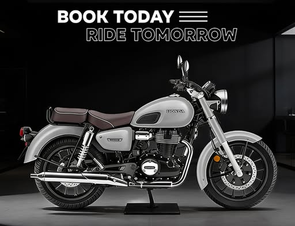 Silver and brown Honda motorcycle displayed in a studio with text 'BOOK TODAY RIDE TOMORROW' above it.