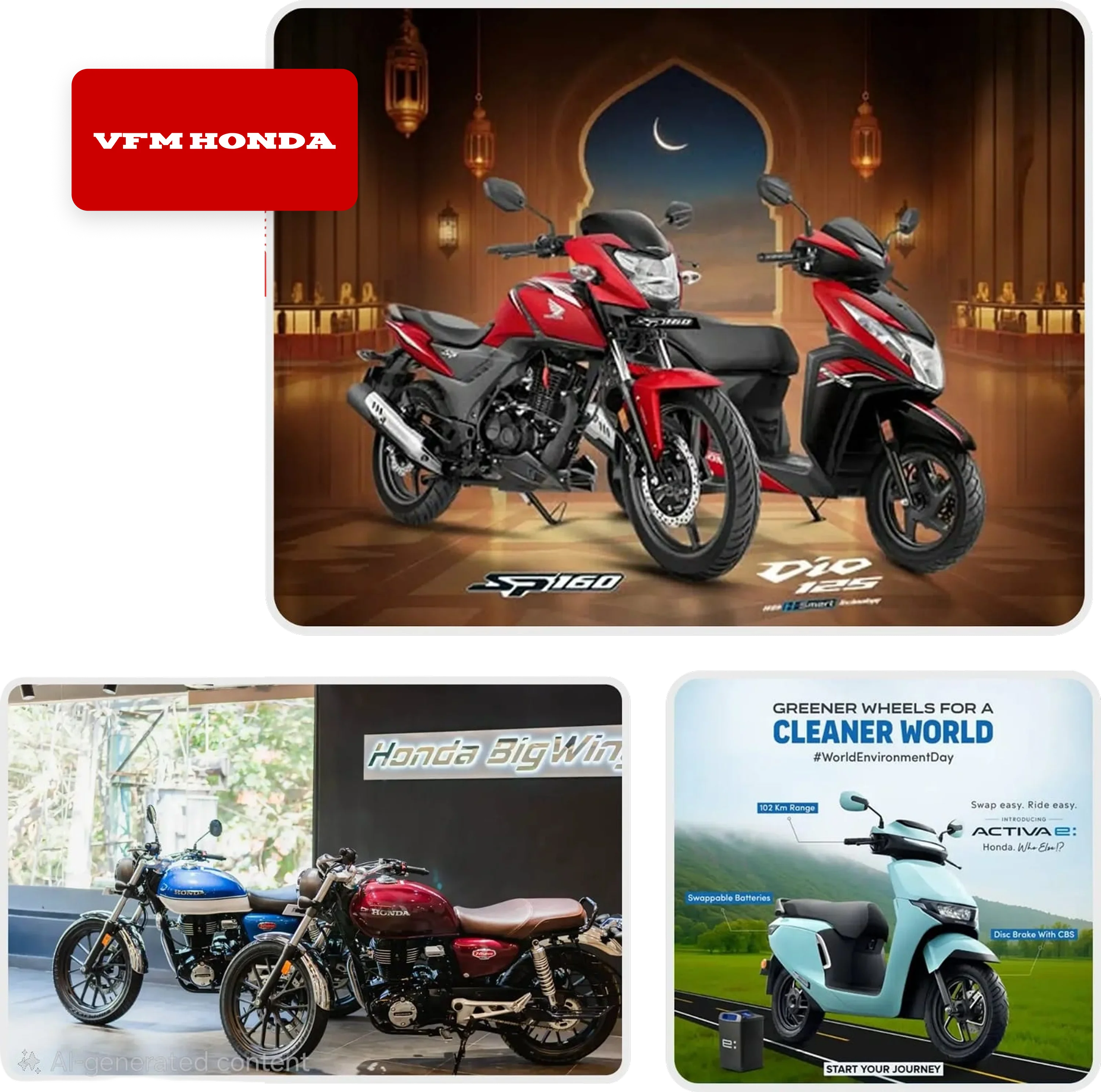 Collage of Honda motorcycles featuring red SP160 and Dio 125 under a crescent moon, blue and red Honda BigWing motorcycles in showroom, and a blue electric Activa e scooter promoting cleaner environment with swappable batteries.