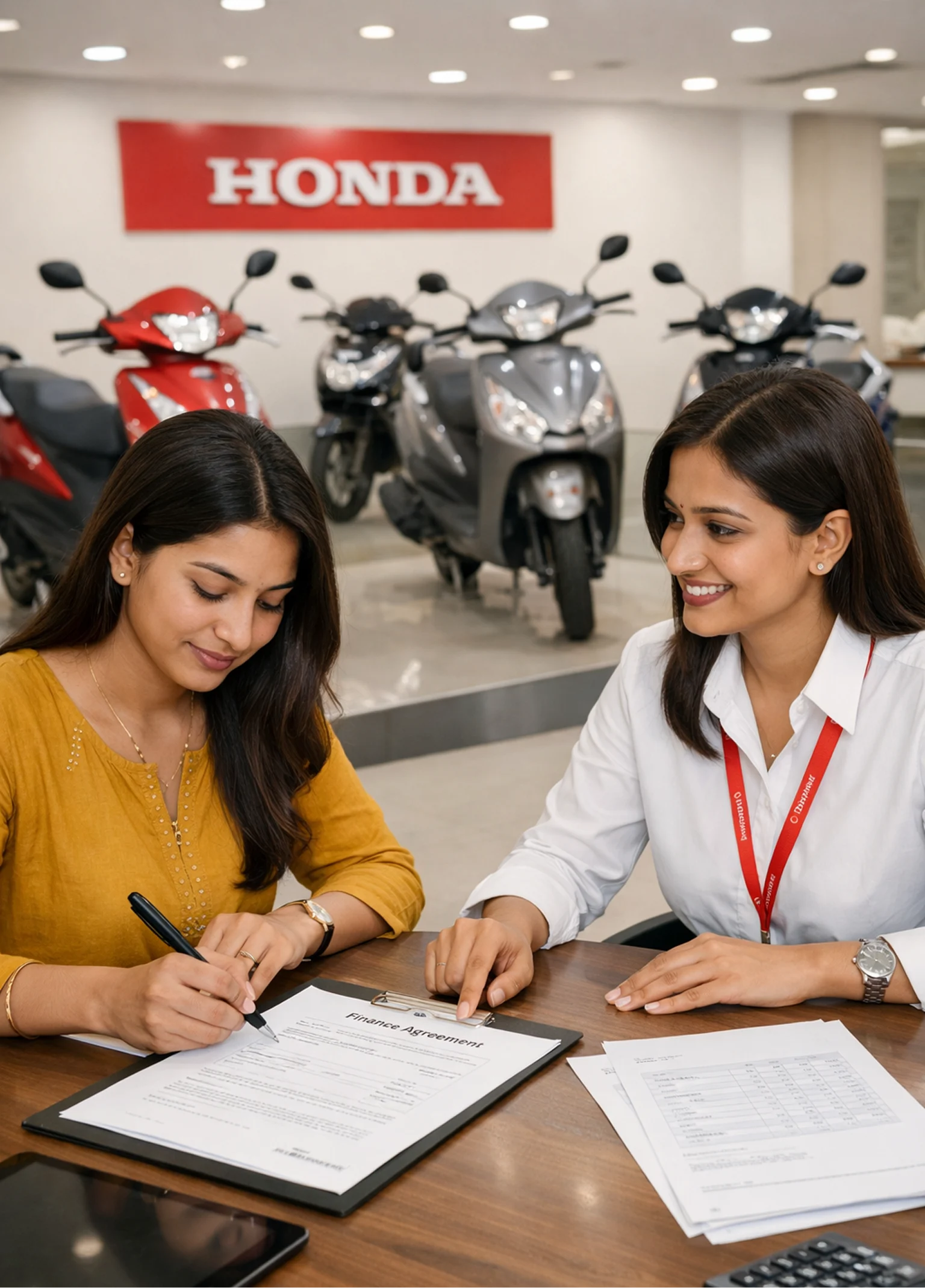 A woman in a mustard top signing a finance agreement at a Honda showroom with a saleswoman pointing to the document.