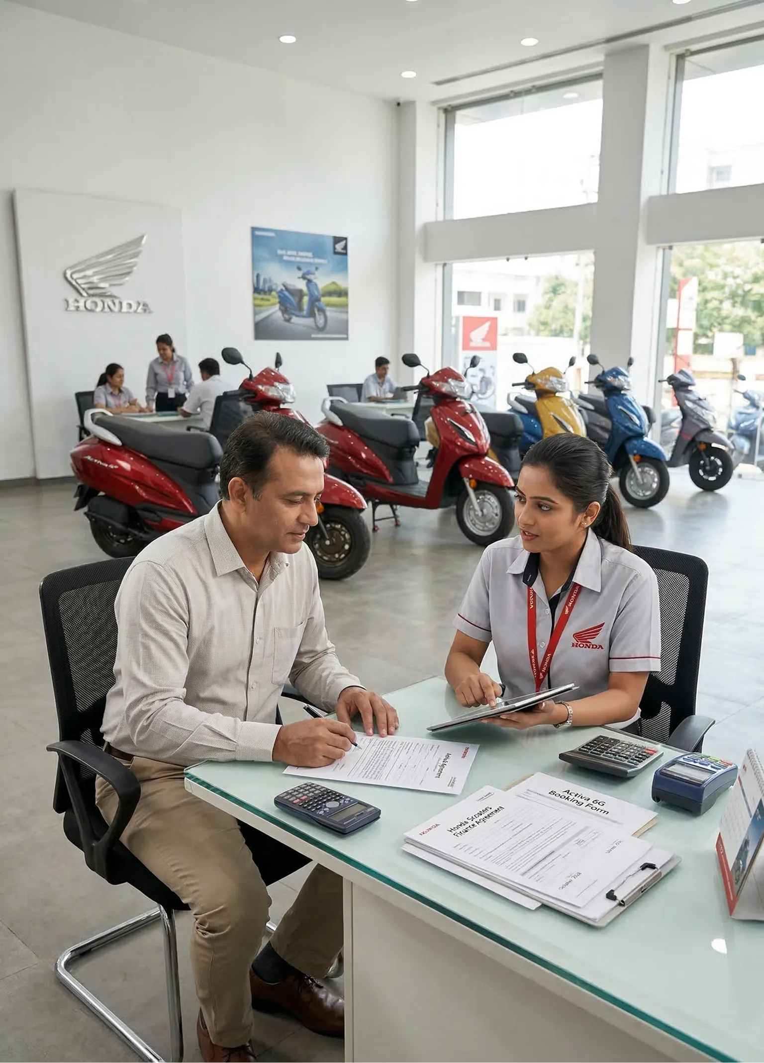 A man signing documents at a Honda scooter dealership while a female salesperson assists him with a digital tablet, scooters displayed in the background.