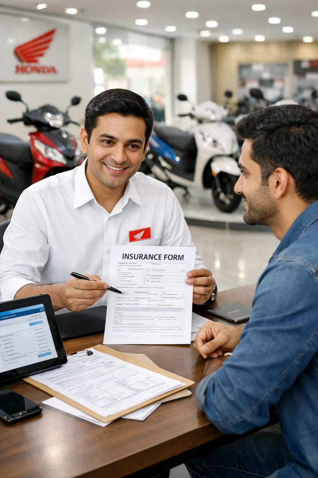Honda dealership employee showing an insurance form to a customer with motorcycles in the background.
