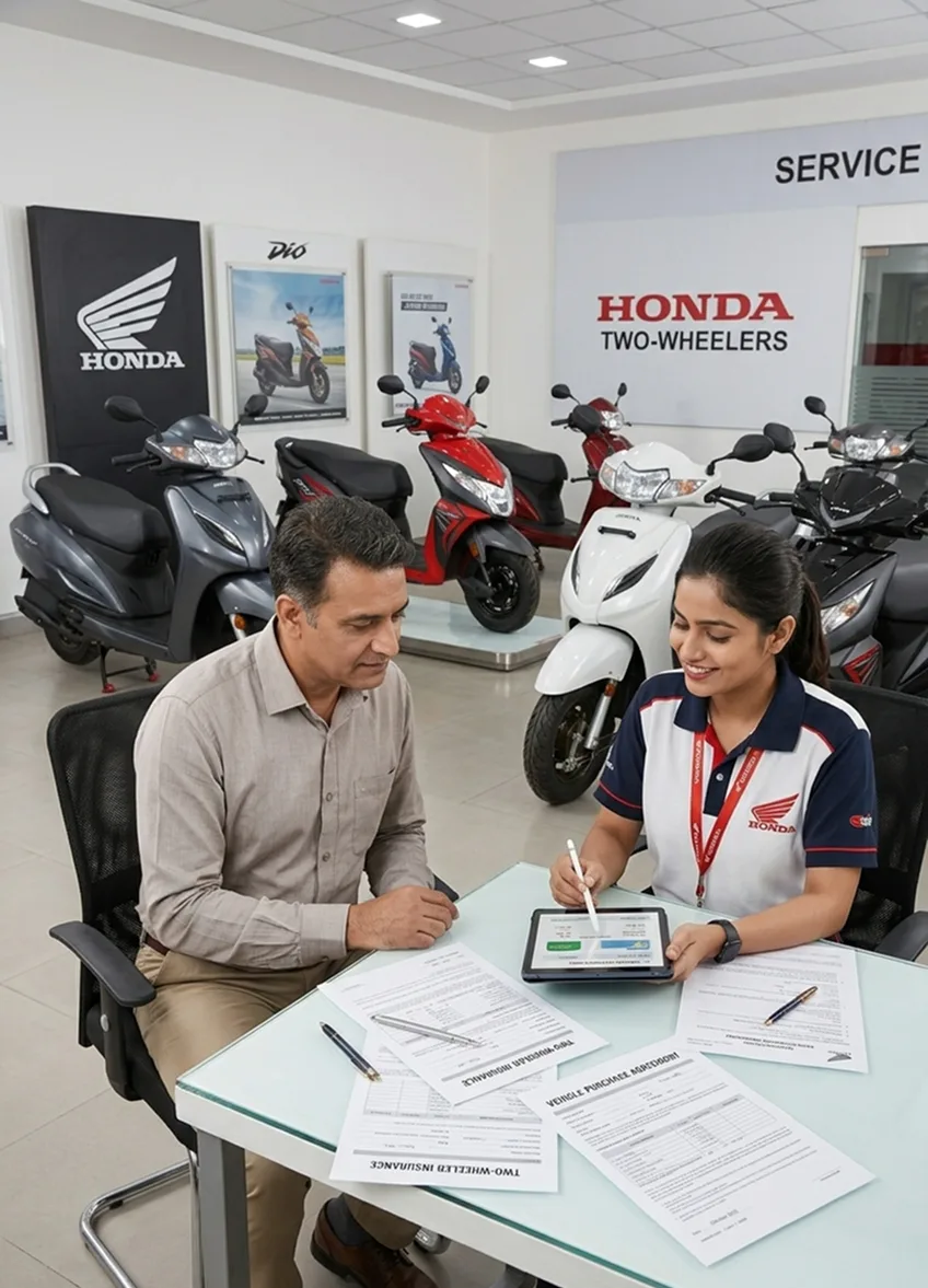 A woman in a Honda uniform assists a man at a desk in a Honda two-wheelers showroom with scooters in the background.