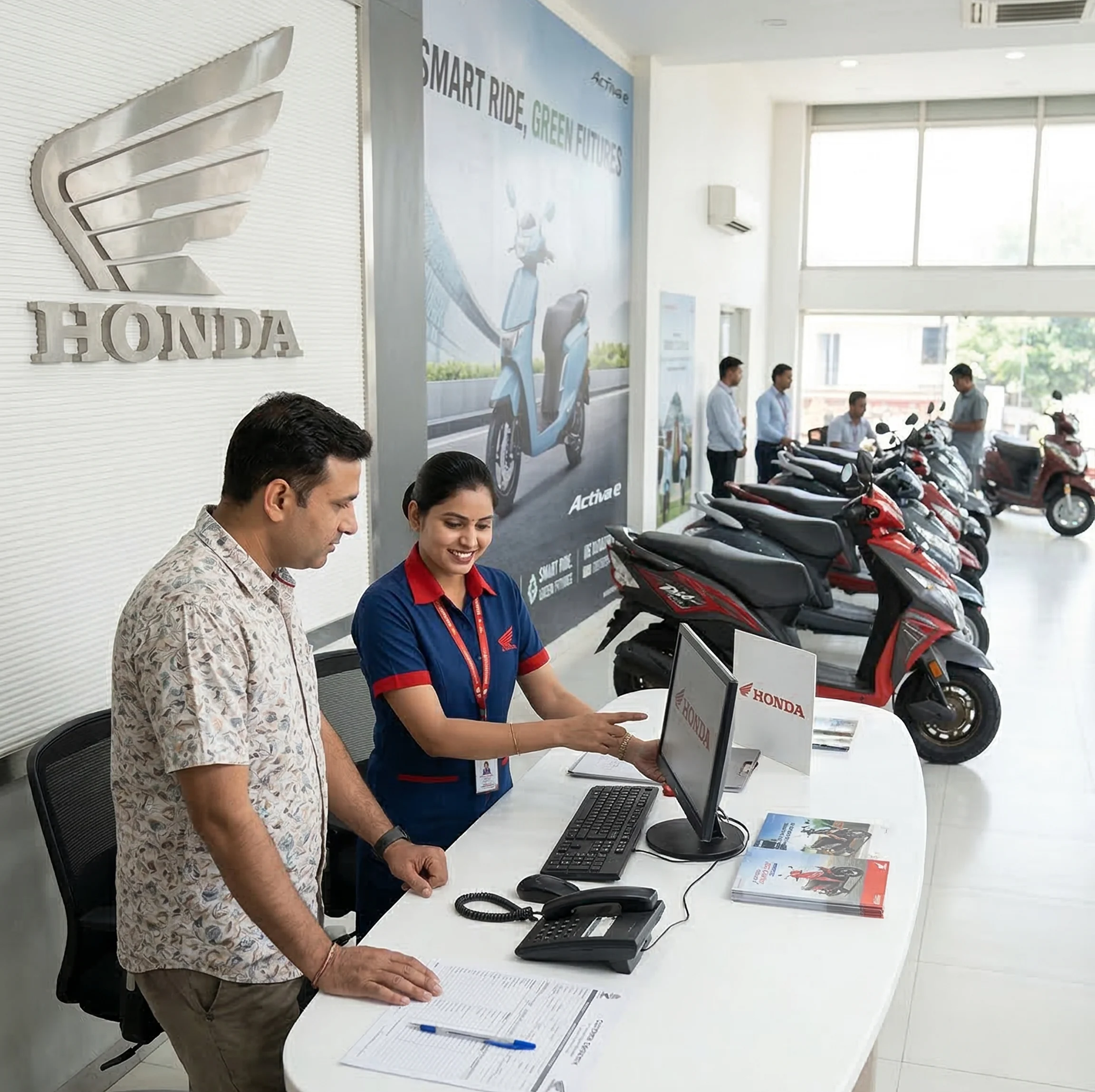 Honda showroom with a salesperson assisting a customer at a counter, motorcycles lined up in the background.