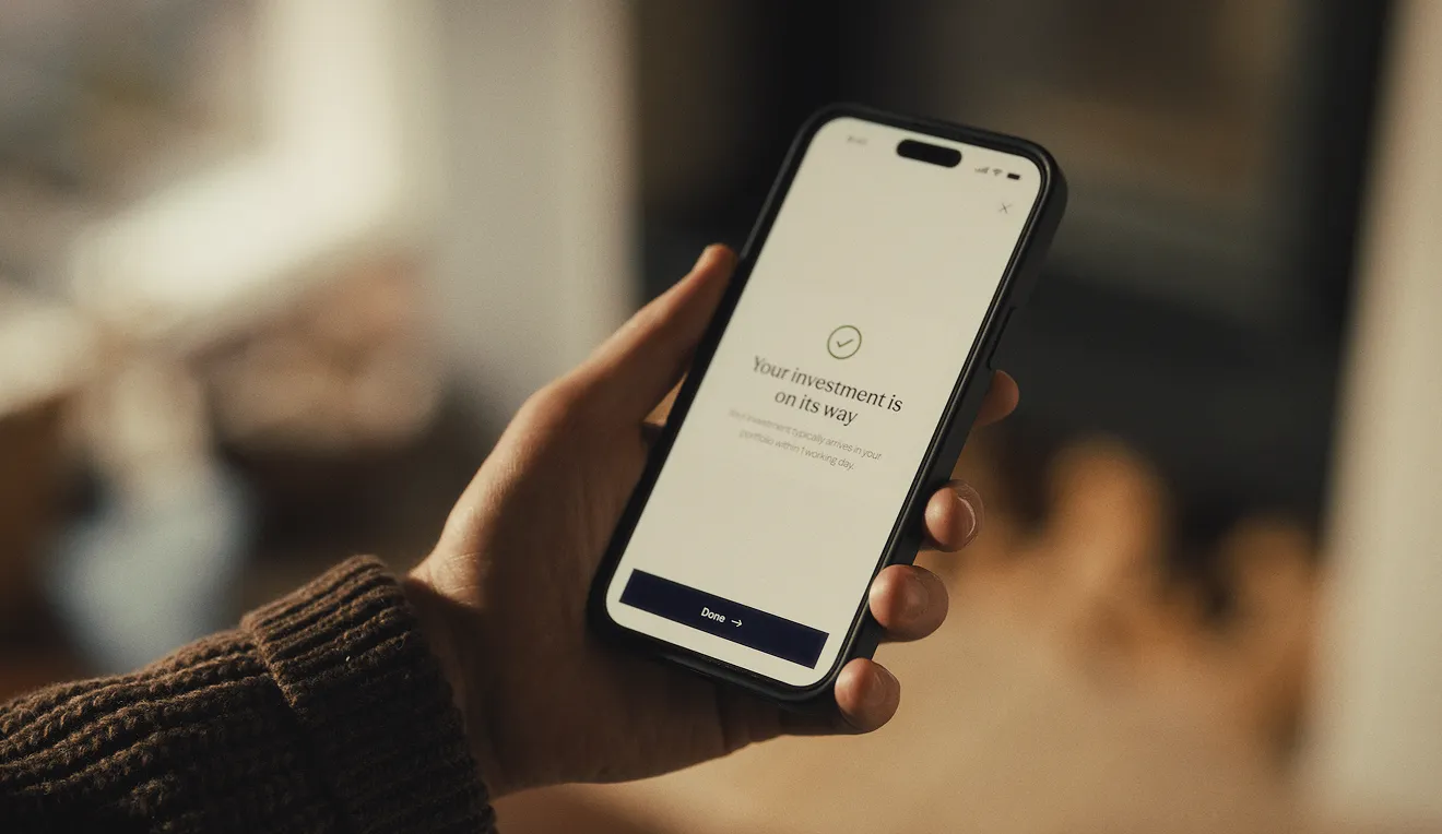 Hand holding a smartphone with the Sidekick app investment confirmation screen.