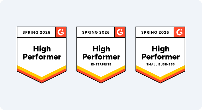 Three G2 badges for Spring 2026 labeled High Performer, High Performer Enterprise, and High Performer Small Business.