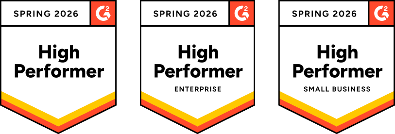 Three G2 badges for Spring 2026 showing High Performer, High Performer Enterprise, and High Performer Small Business.