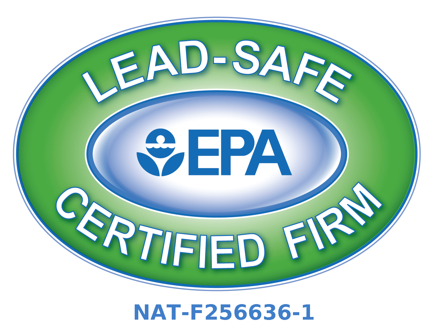 EPA Lead-Safe Certified Firm logo with a green oval border and certification number NAT-F256636-1 below.