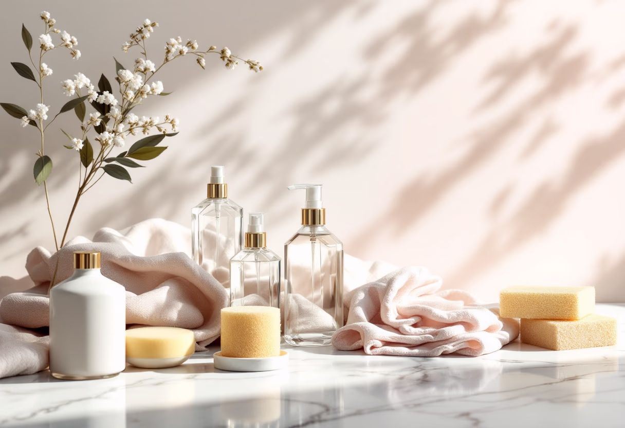 [background image] image of cleaning supplies on a countertop for a cleaning service