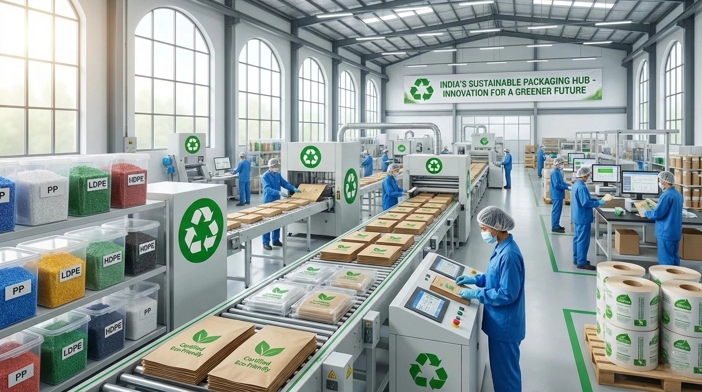 Sustainable packaging materials including recycled plastic granules and eco-friendly labels for environmentally responsible businesses#1.2