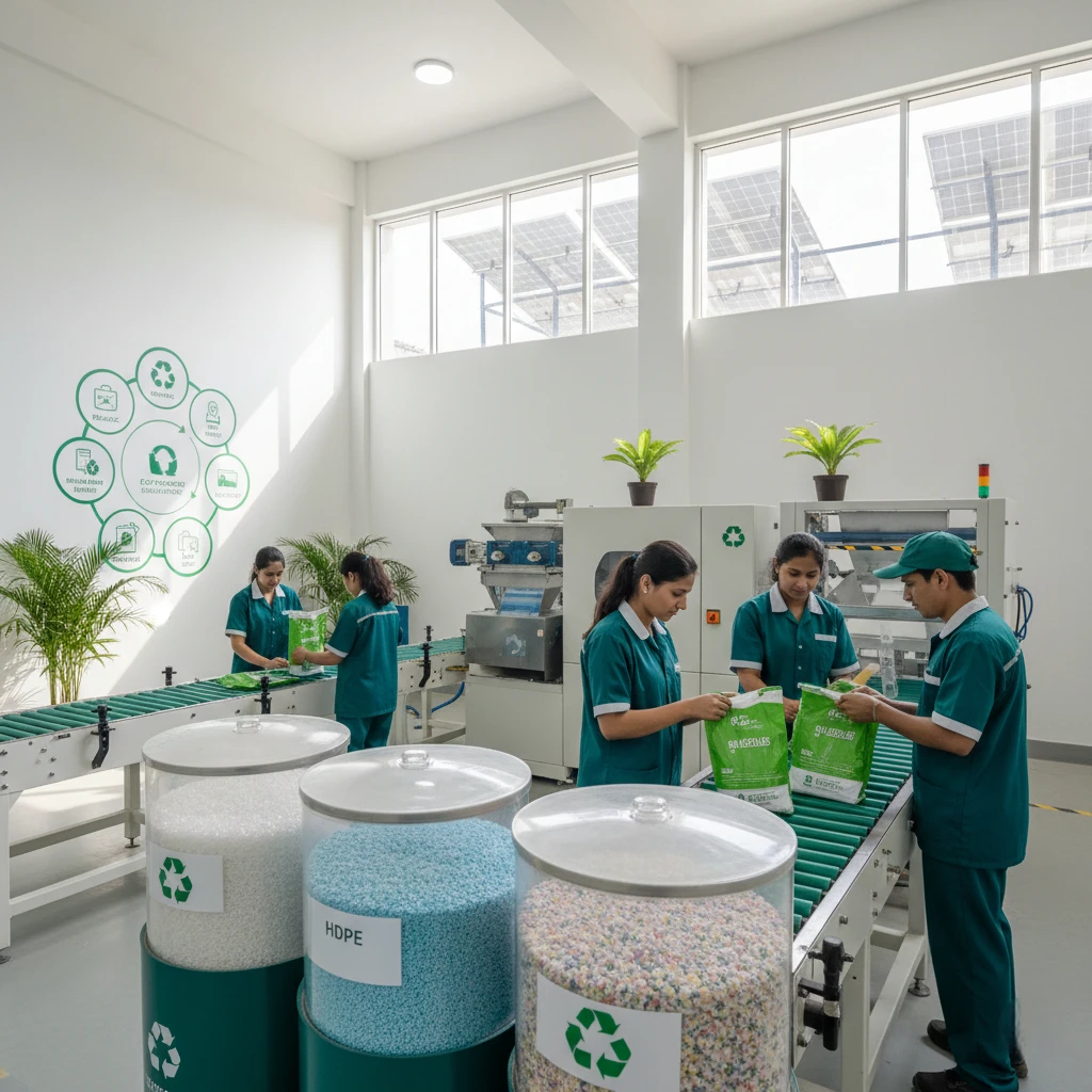 Sustainable packaging production facility showing recycled plastic granules and eco-friendly label manufacturing process#1.3