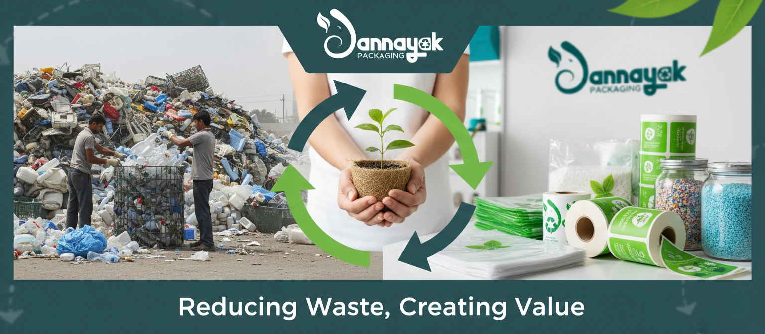 Sustainable packaging production facility showing recycled plastic granules and eco-friendly label manufacturing in India#1.9