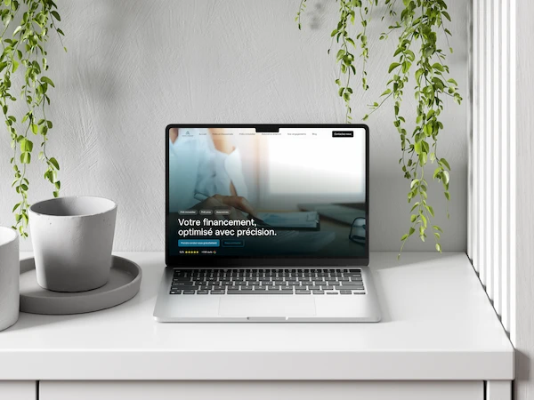 Ordinateur portable ouvert sur un bureau blanc avec une page web affichée mentionnant « Votre financement, optimisé avec précision. » Des plantes suspendues et un pot de fleur blanc décorent le bureau.