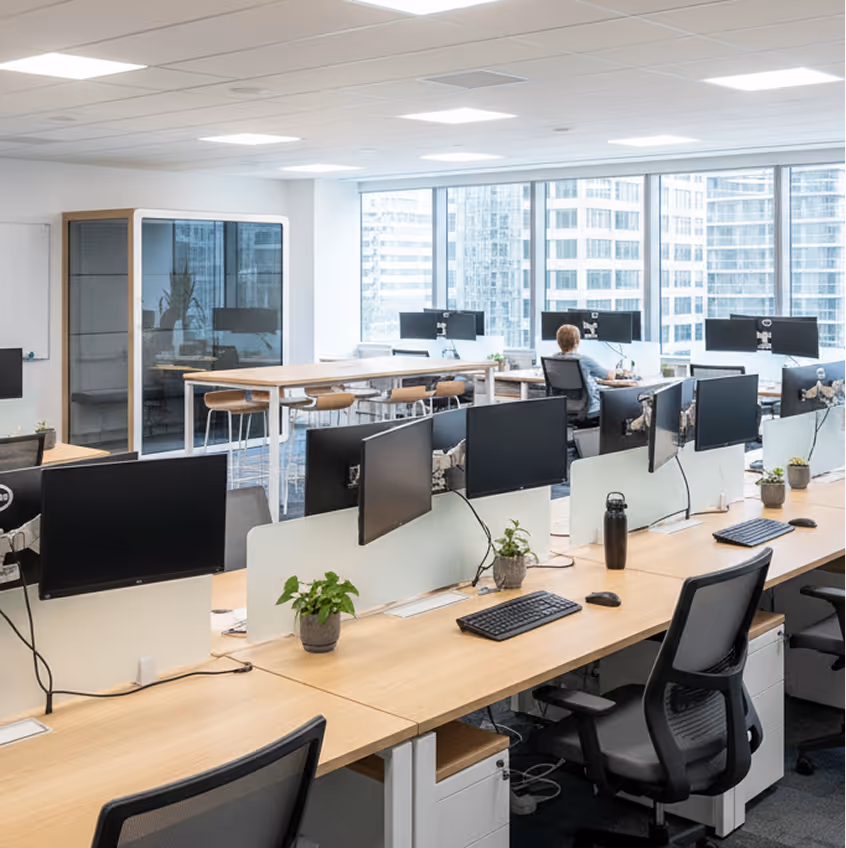 Bureau moderne avec plusieurs postes de travail équipés d'ordinateurs, chaises ergonomiques, plantes en pot, et une personne assise près de grandes fenêtres donnant sur une vue urbaine.