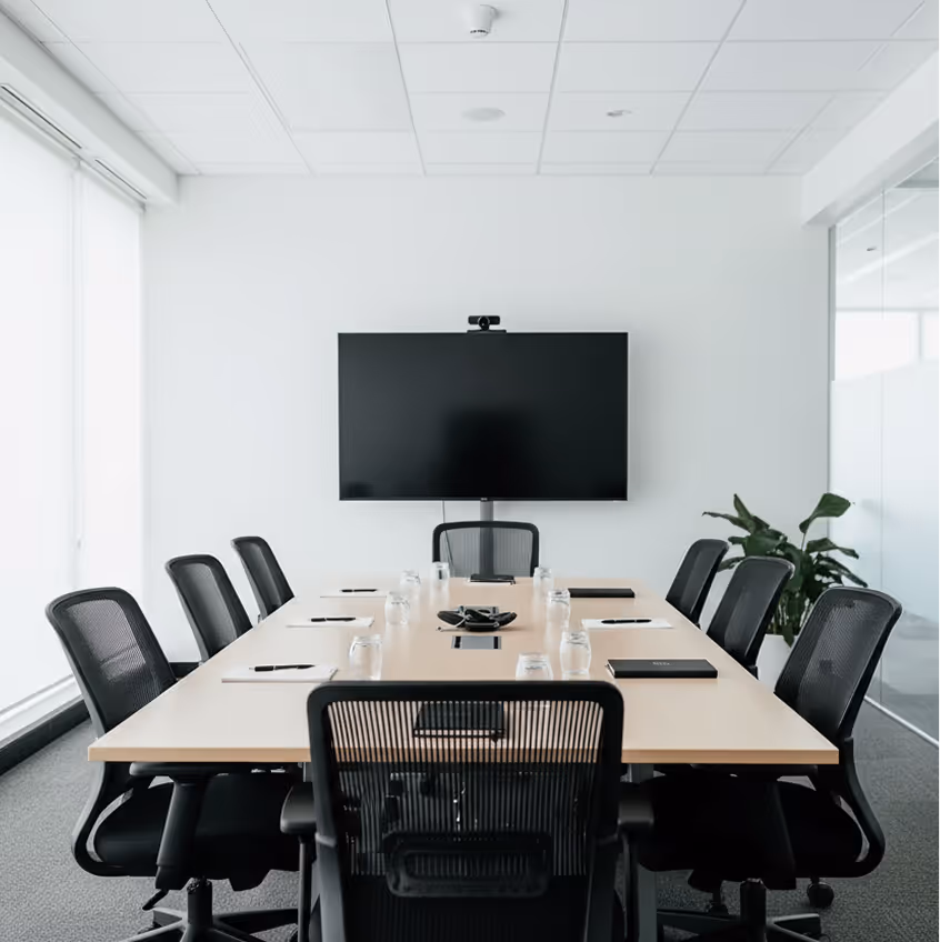 Salle de réunion moderne avec une grande table rectangulaire, huit chaises noires, un écran plat mural et une plante verte.