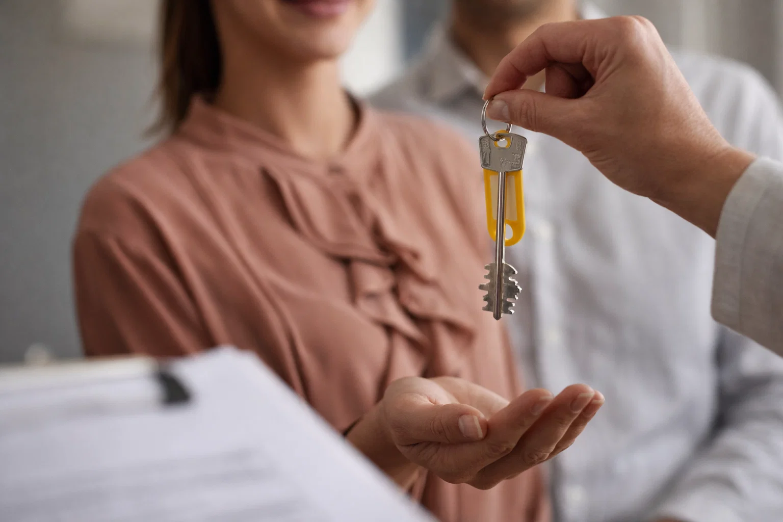 Hand holding a key over an open palm with a couple smiling in the background.