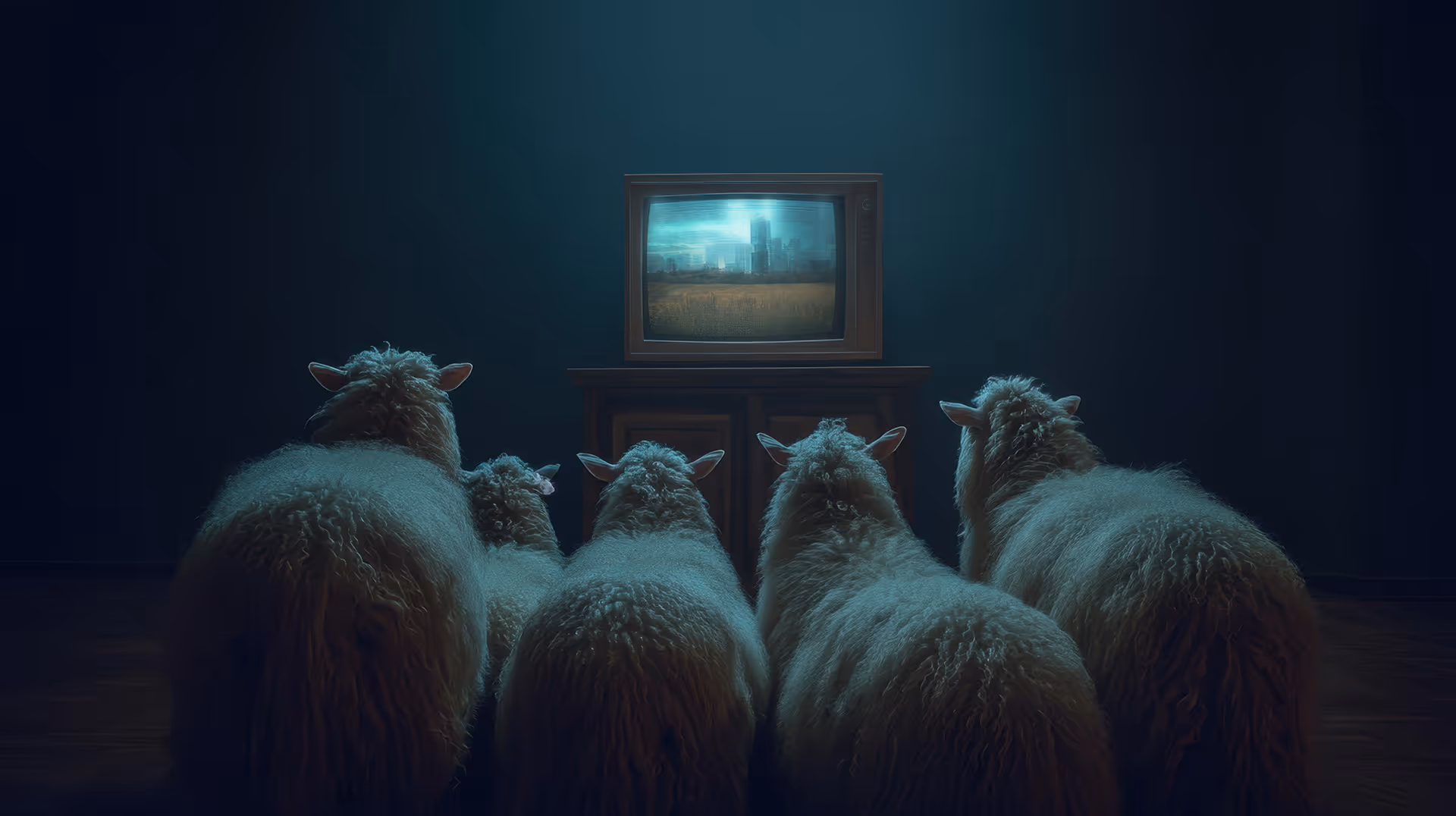 Soulful Media Problemdarstellung - Content ohne Seele dargestellt durch mehere Schaafe, die auf einen Bildschrim blicken