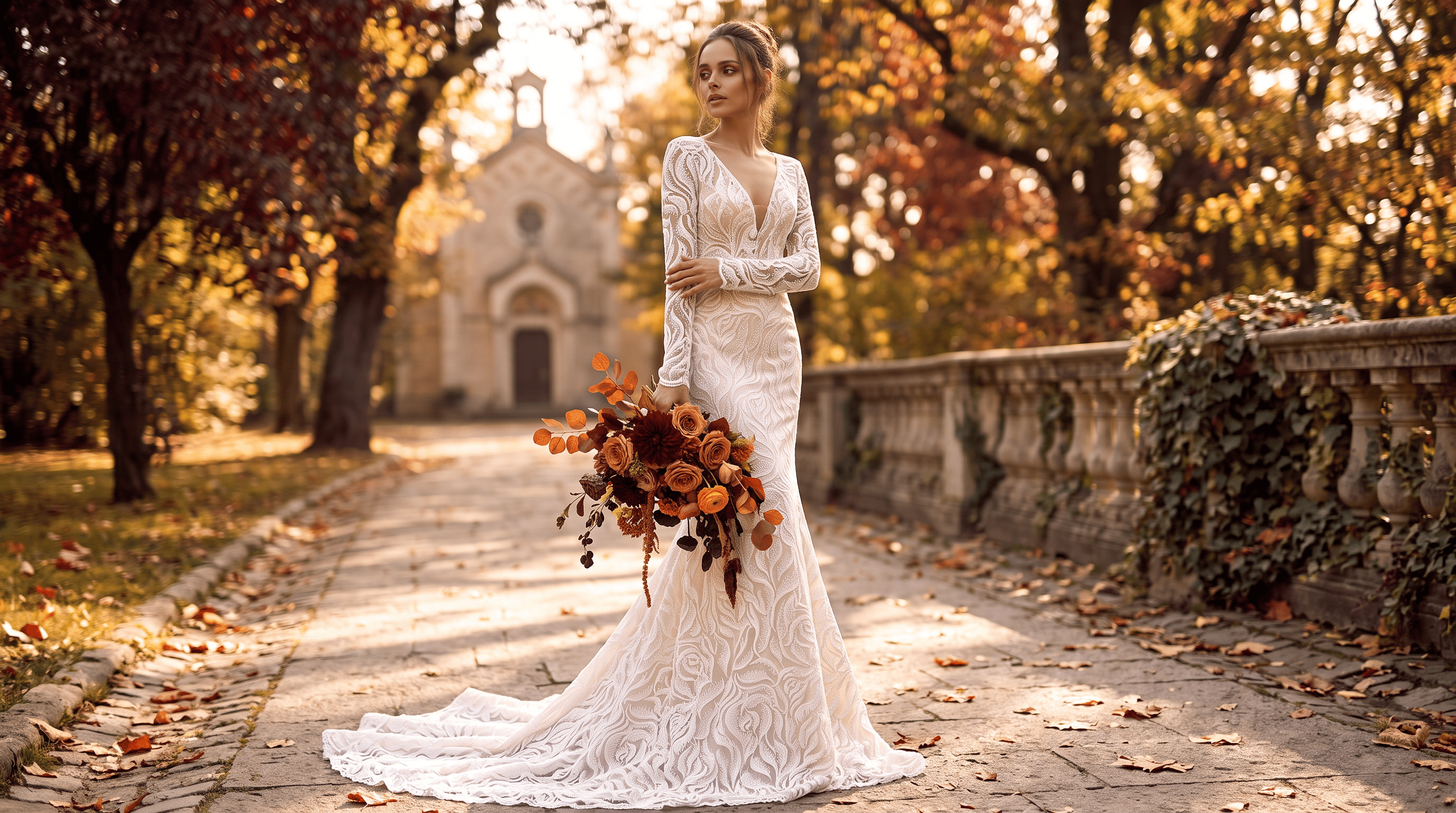 A bride wearing a satin bridal gown and holding a flower bouquet