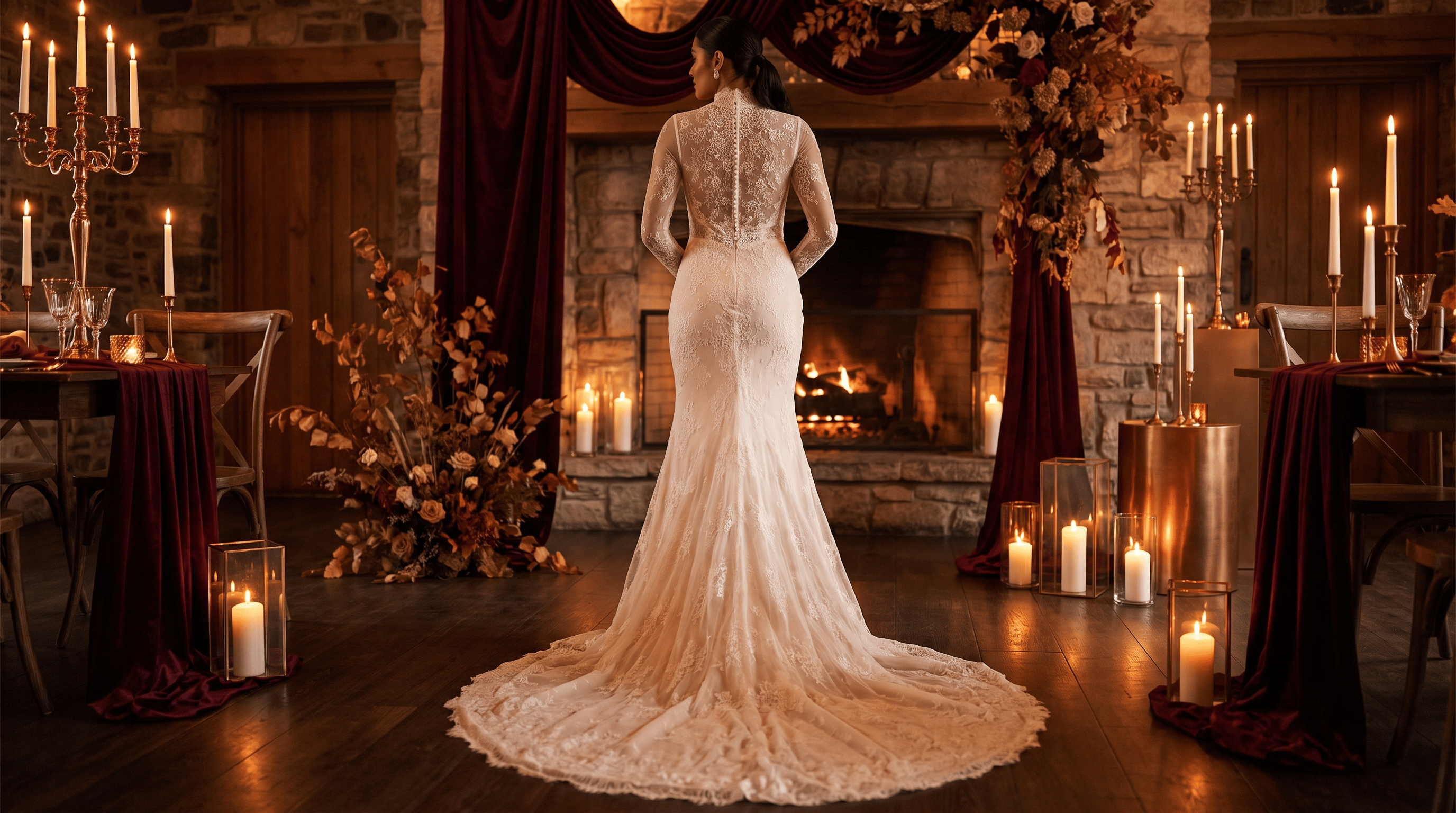 A bride wearing a satin bridal gown and holding a flower bouquet