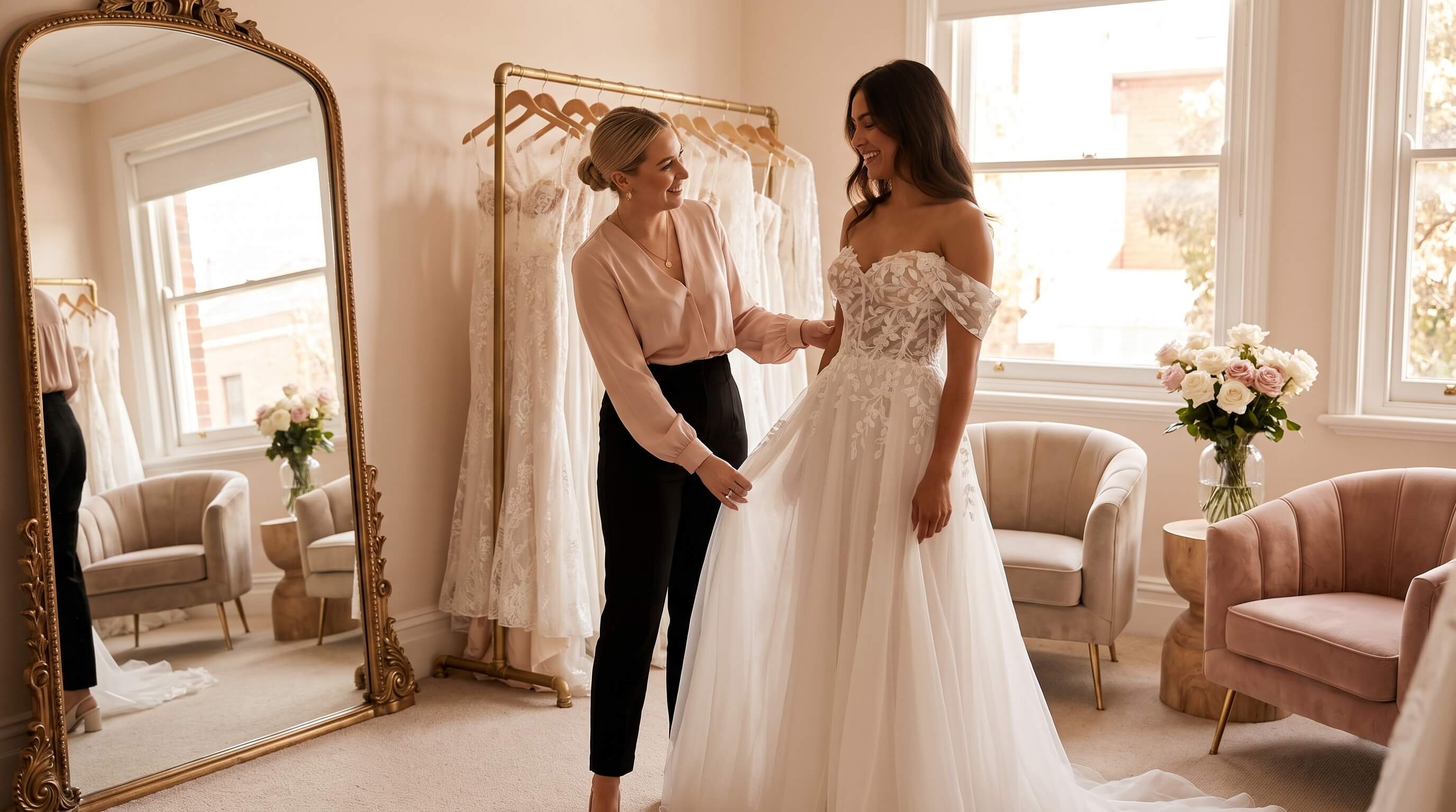 A bride wearing a satin bridal gown and holding a flower bouquet
