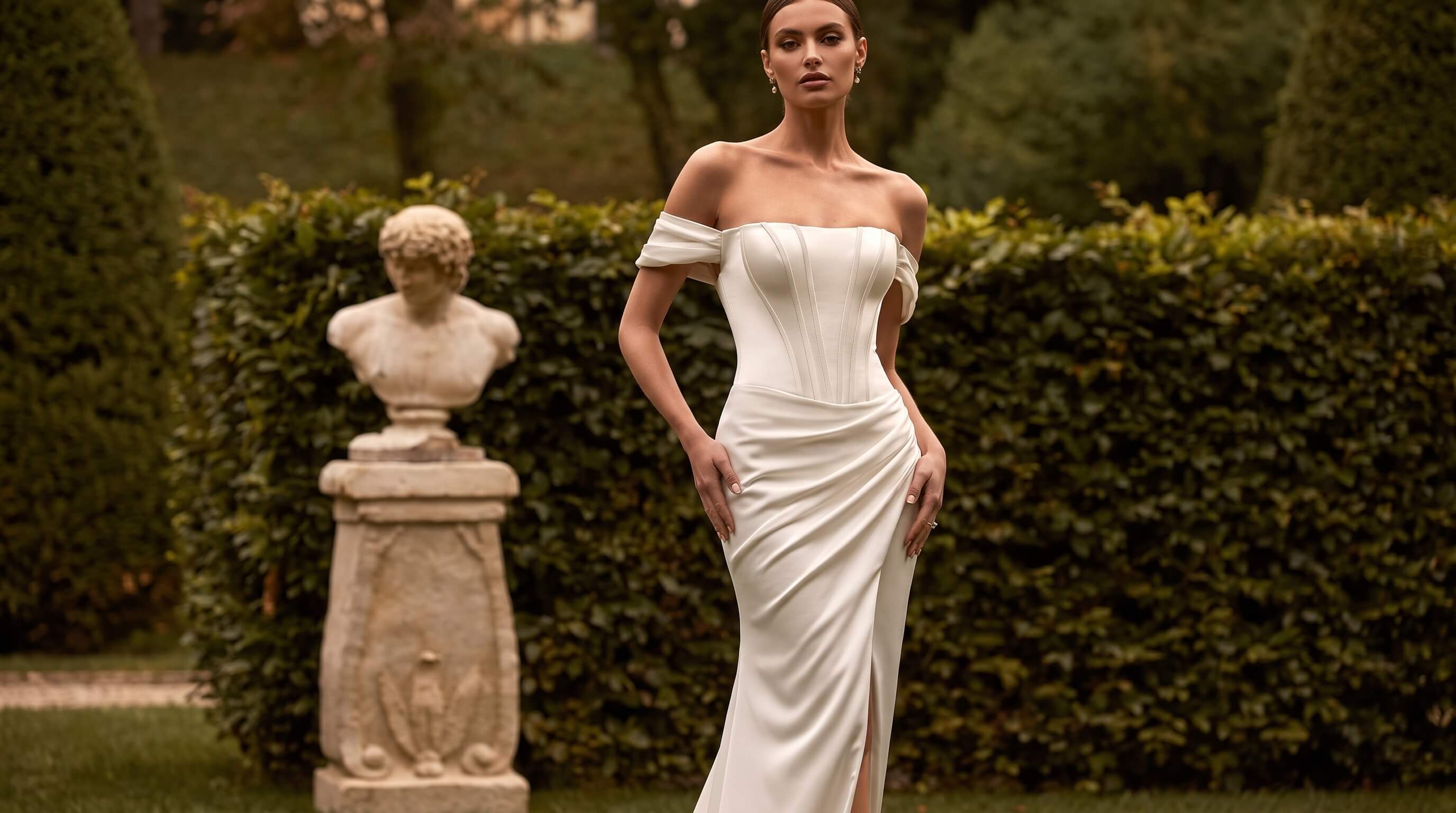 A bride wearing a satin bridal gown and holding a flower bouquet