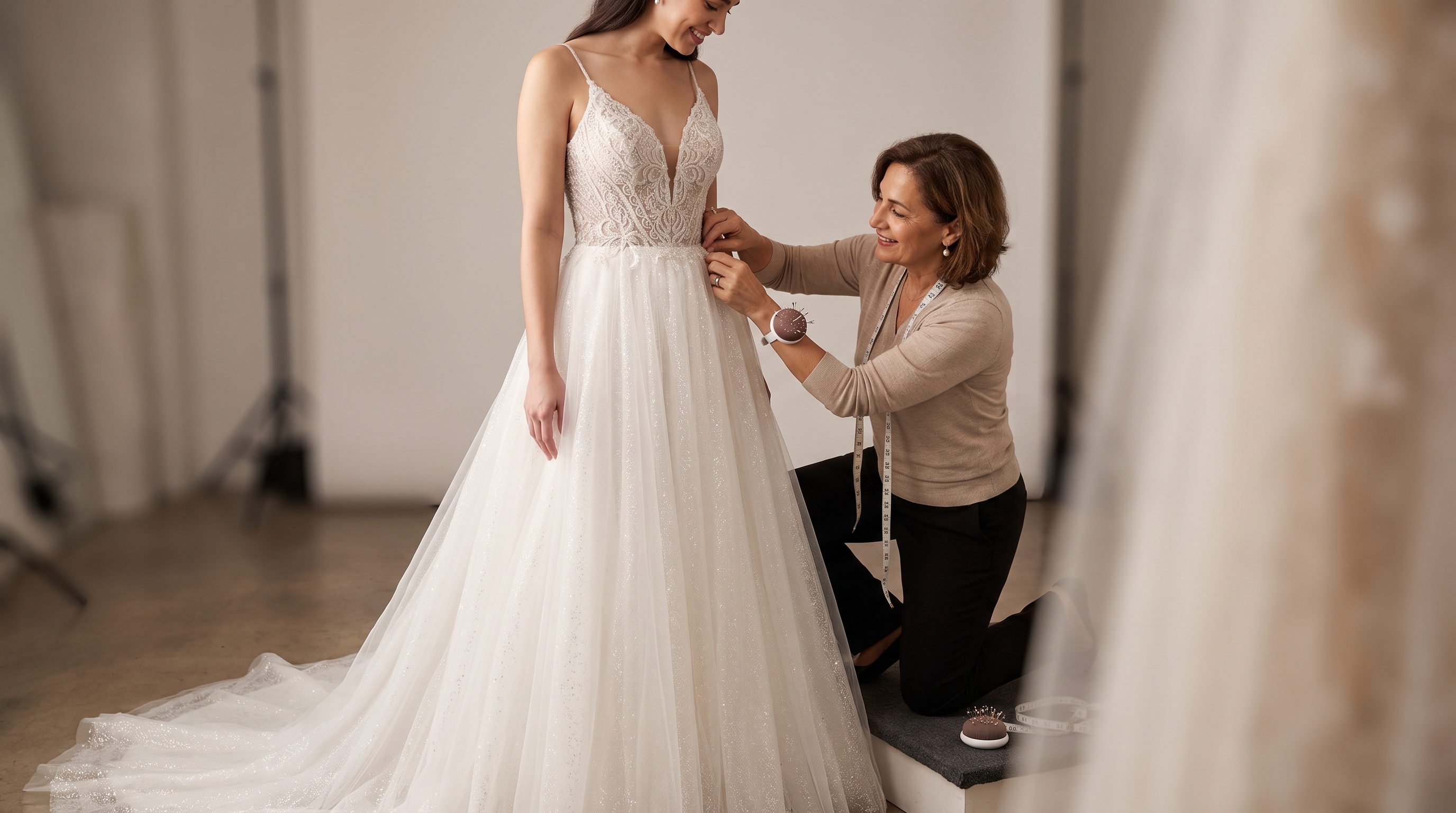 A bride wearing a satin bridal gown and holding a flower bouquet