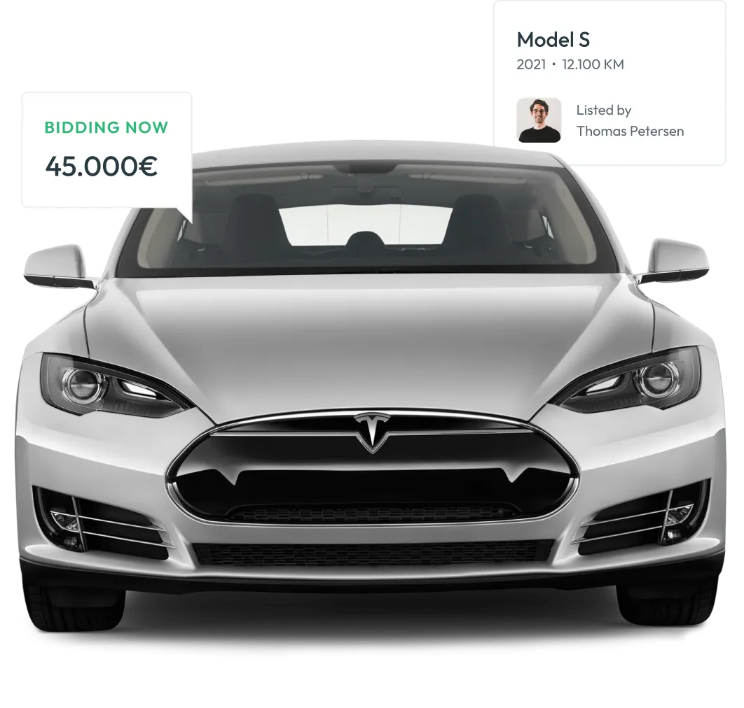 Front view of a silver Tesla Model S with bidding price of 45,000€ and details showing year 2021, 12,100 KM, and listed by Thomas Petersen.