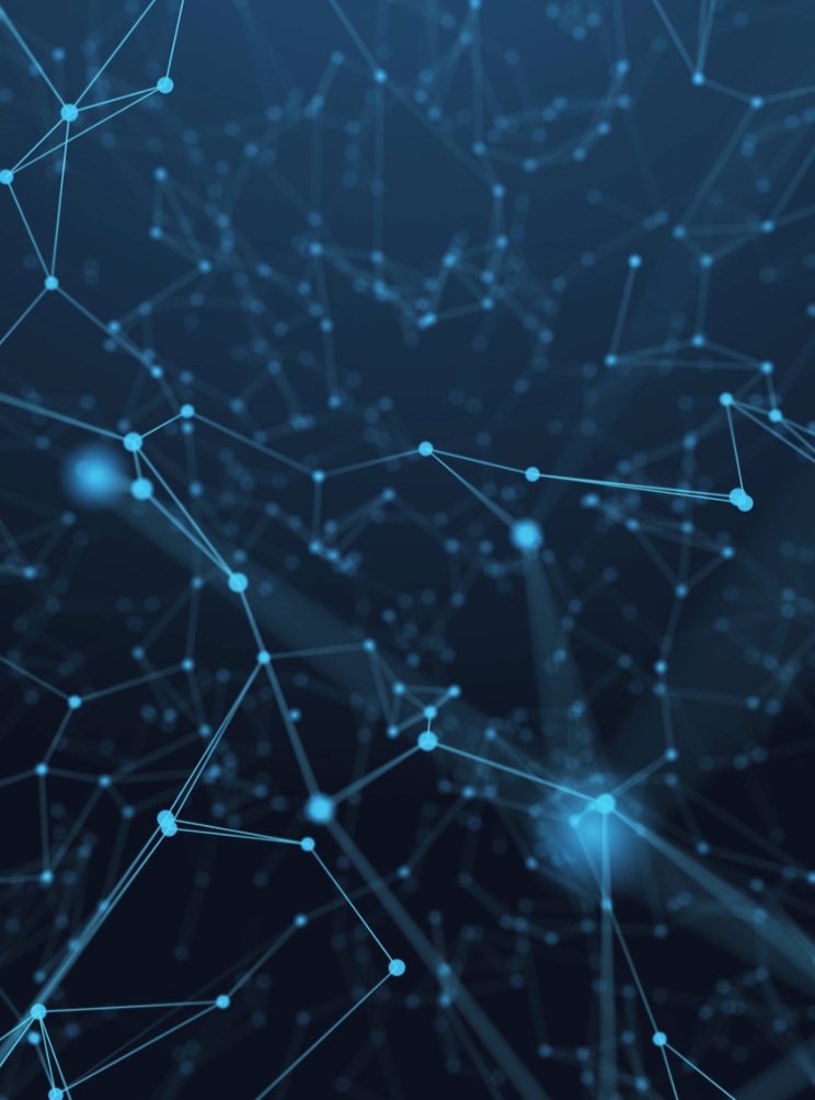 A web of blue glowing lines and nodes against a dark background.