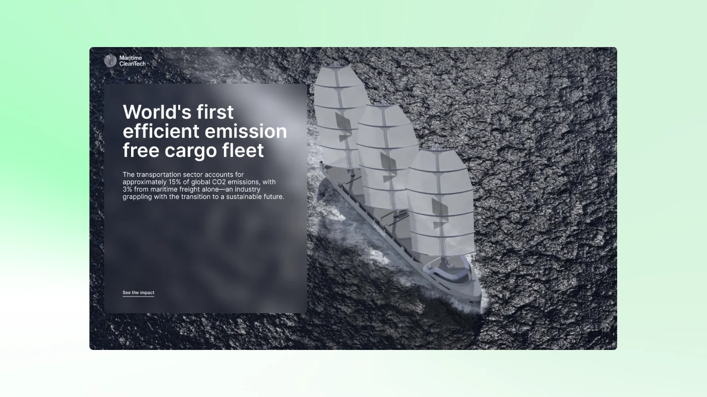 Cargo ship with three large sails on a textured dark ocean, alongside text about emission-free cargo fleet.