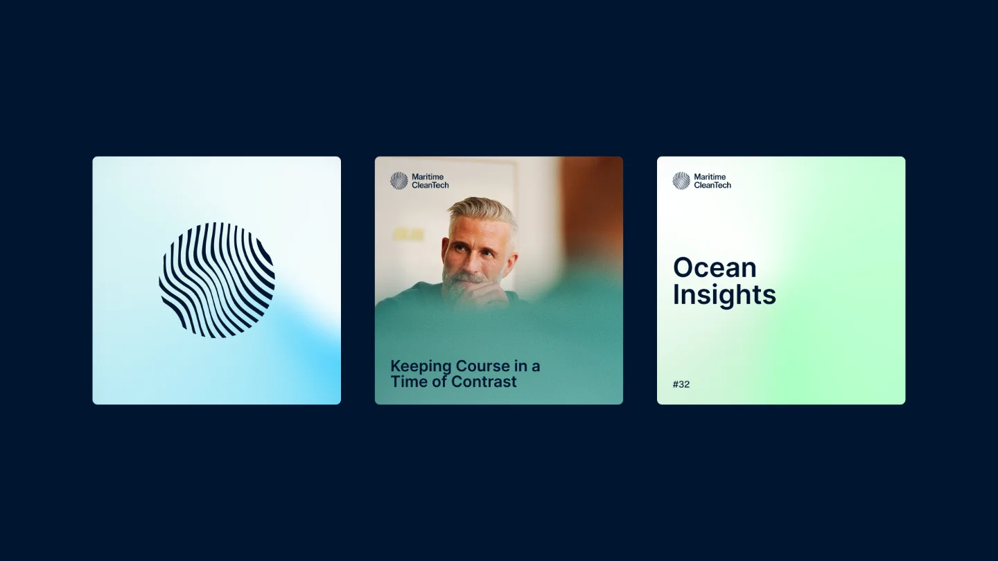 Three Maritime CleanTech panels: logo, man with text 'Keeping Course in a Time of Contrast,' and 'Ocean Insights' #32.