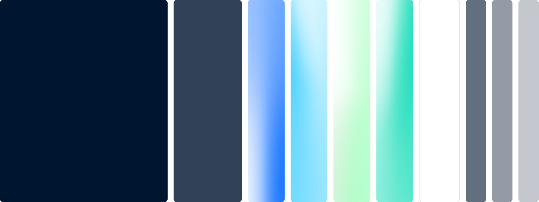 Nine vertical color bars in dark blue, blue gradients, aqua gradients, white, and gray shades on black.