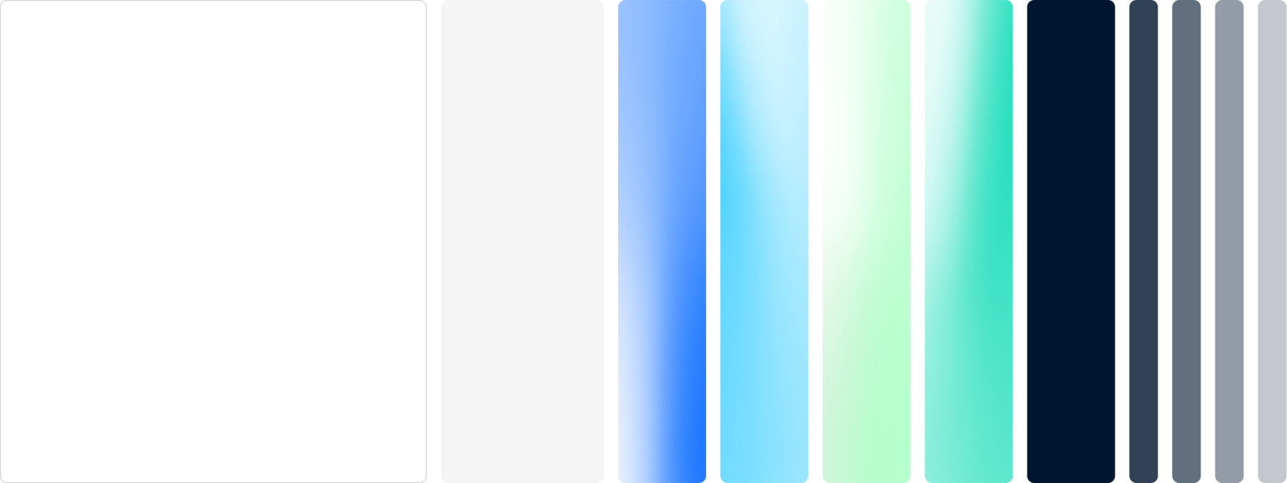 Color palette with white, light gray, blue gradients, green gradient, dark blue, and various gray shades.