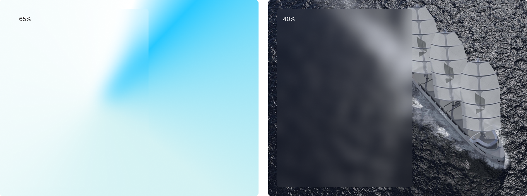 Side-by-side comparison of 65% blue gradient on left and 40% white-sailed ship over ocean on right.