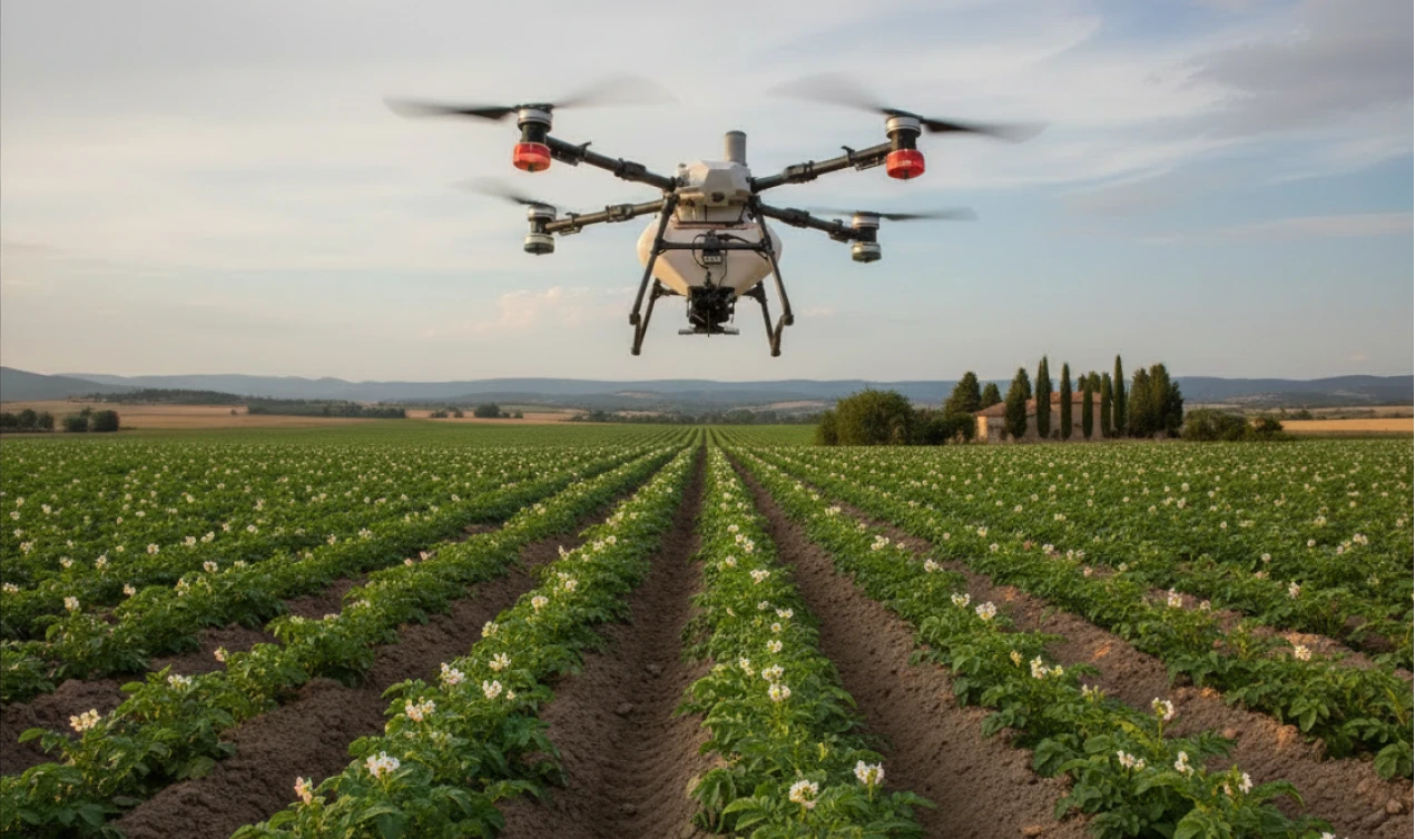 Drone agricole volant au-dessus d'un champ de cultures en rangées avec des fleurs blanches.