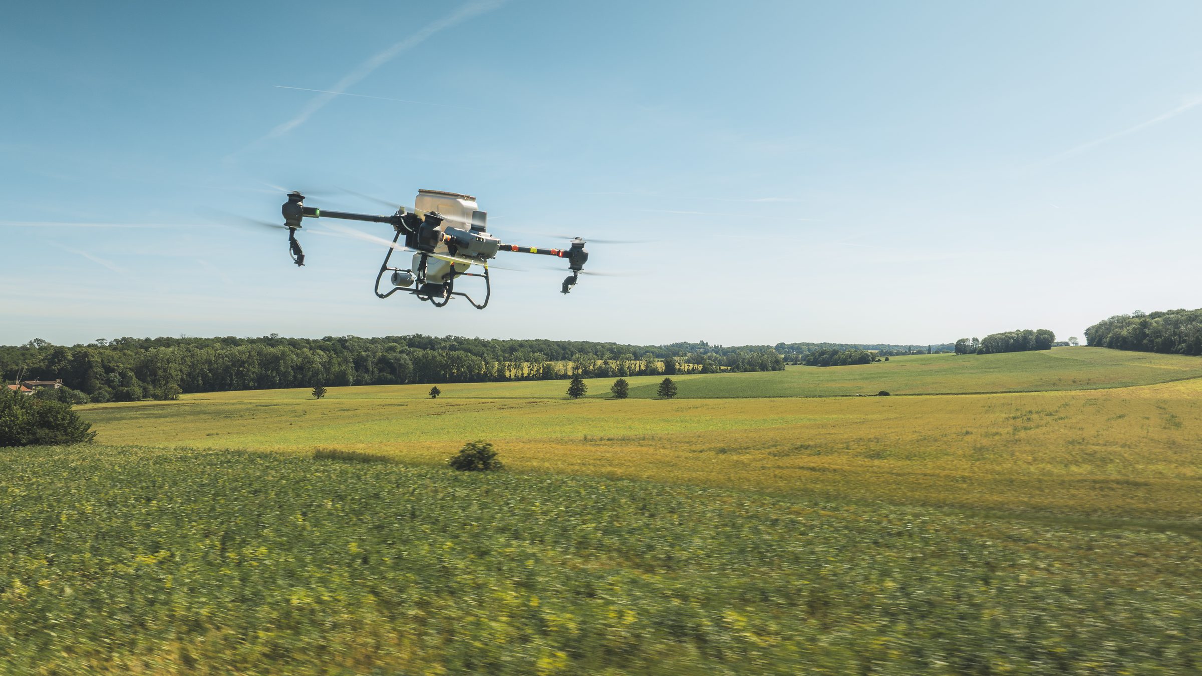 Drone agricole en train de vaporiser un champ de maïs au coucher du soleil avec des montagnes en arrière-plan.