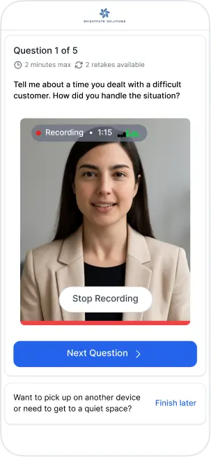 Candidate recording a one-way video interview on a mobile device