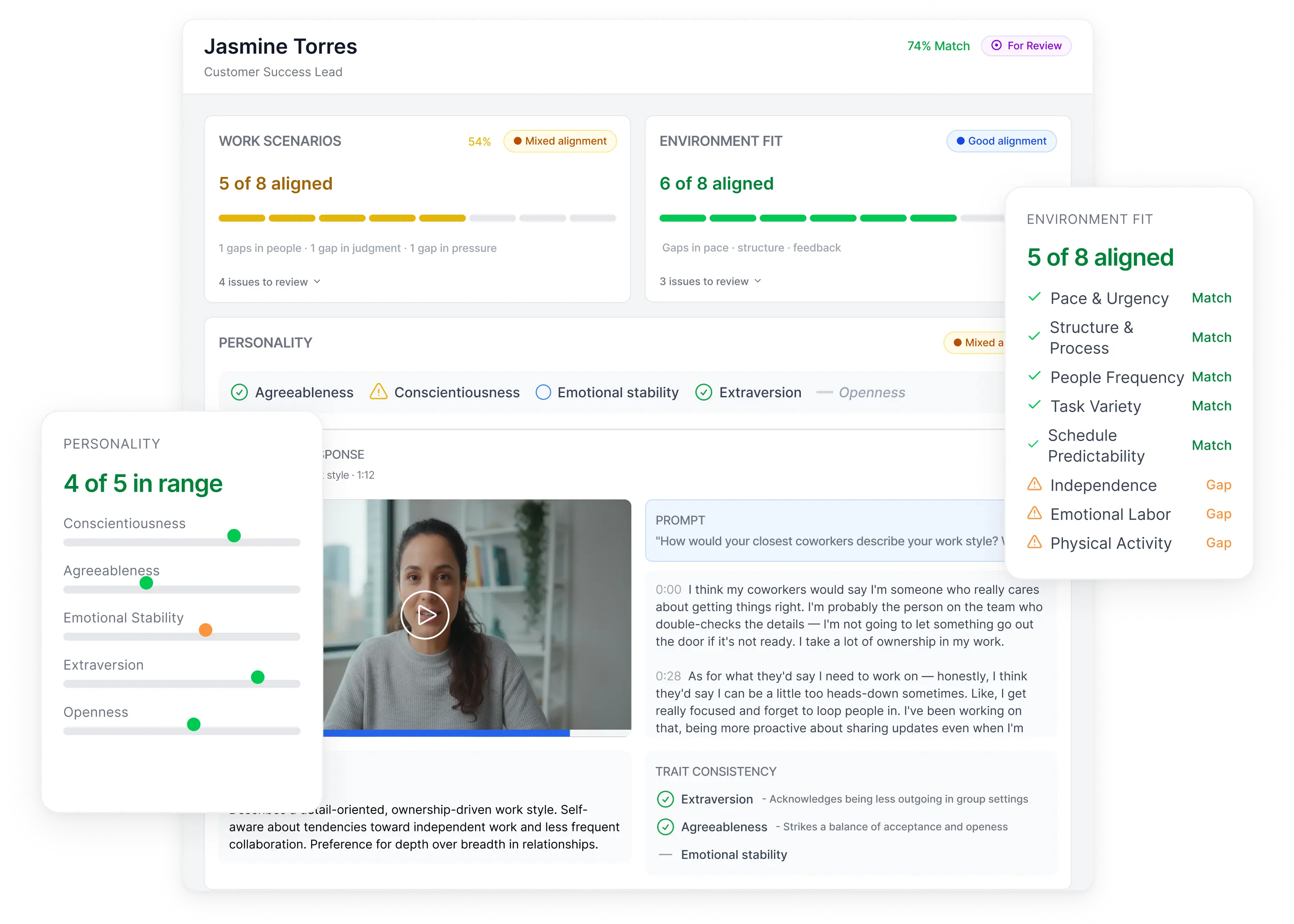 Applicant screening software analyzing candidate fit with work scenarios and personality traits assessment results displayed.