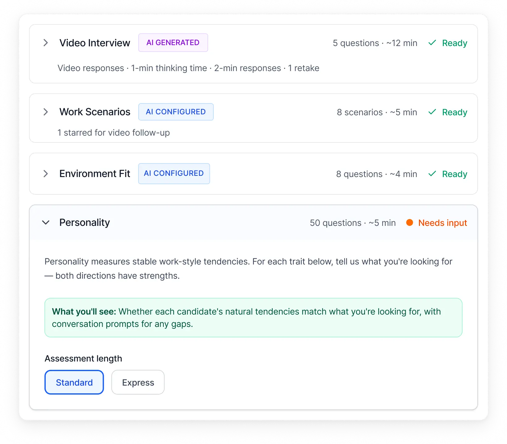 Candidate screening software interface with AI-generated video interviews and configurable work scenarios and environment fit.